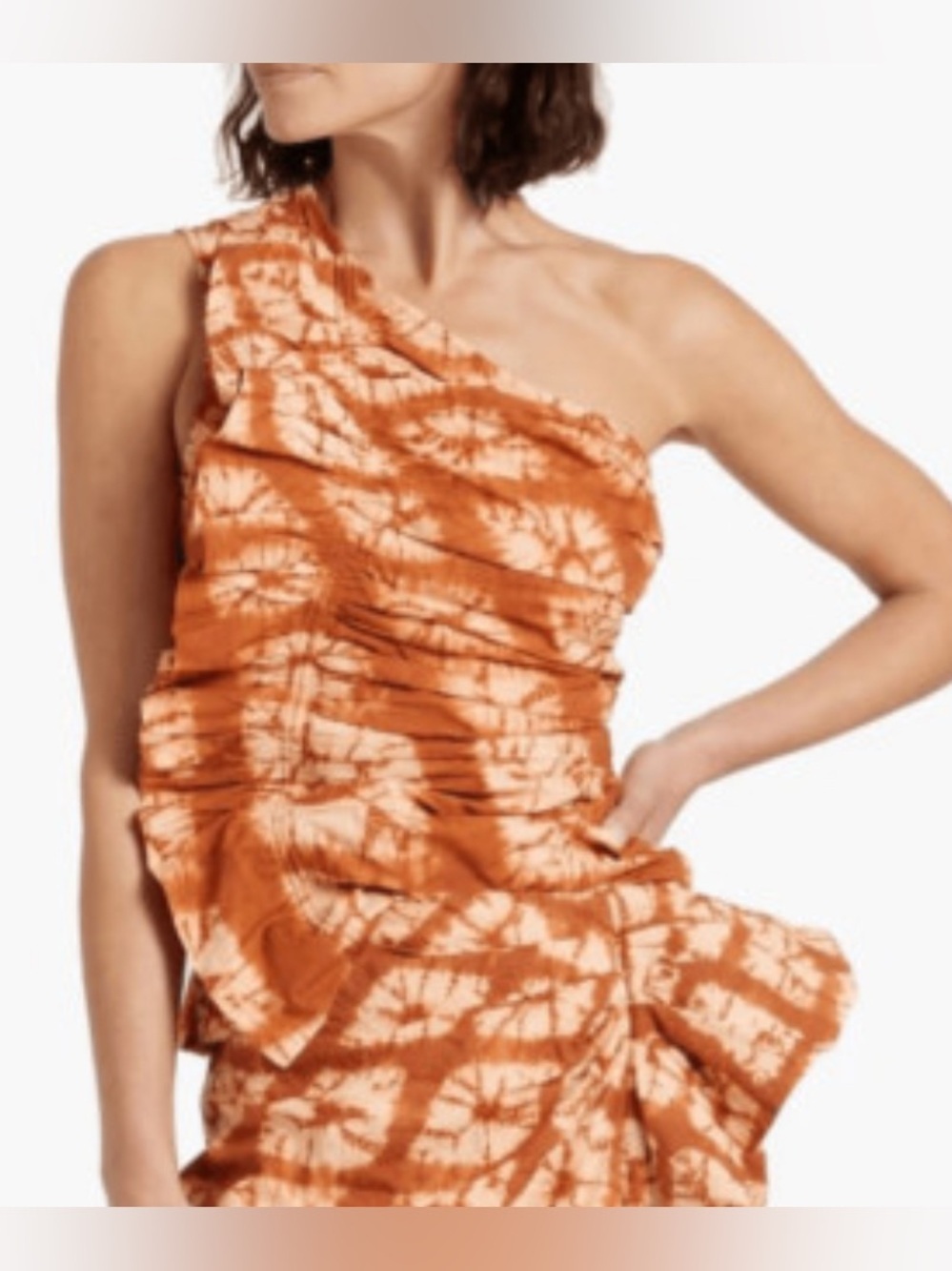 Ulla Johnson One-Shoulder Rust and Cream Tie-Dye Ruffle Dress
